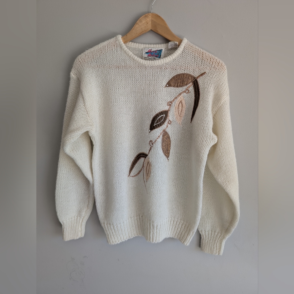 Vintage Marsh Mallow Knit Sweater With Leaf Applique & Faux Pearl Beading, M